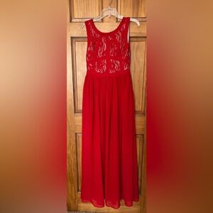 Beige by ECI Red and Beige appliqué tule bodice with chiffon long skirt …